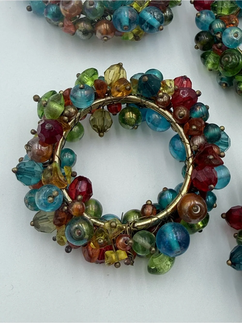Vintage Pier 1 Glass Beaded Napkin Rings, Set Of 4, Boho, Colorful, Gold Rings